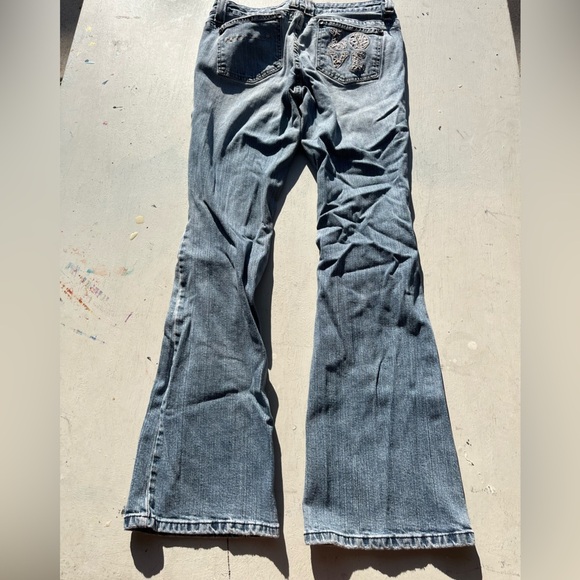 Girl's Vintage No Boundaries Jeans Blue Y2K Flare 7 Junior Embroidery Wide Leg - Picture 1 of 16